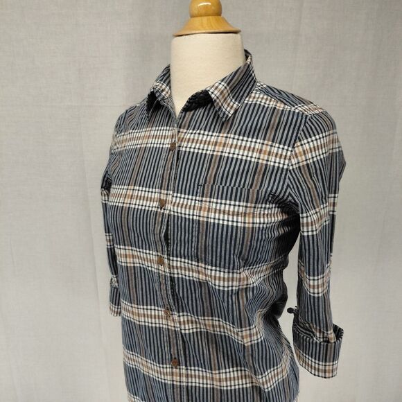 Pendleton Tops - Pendelton Plaid  Button-up Rolled-Sleeve Blouse with Collar Navy/ Tan Sz XS